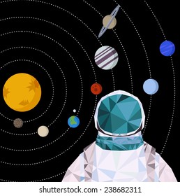 Vector geometric triangle illustration. Interstellar spaceman and Solar System