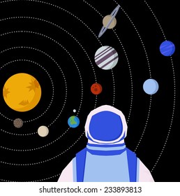 Vector geometric triangle illustration of  solar system. Interstellar spaceman and  Planet on orbit. 
