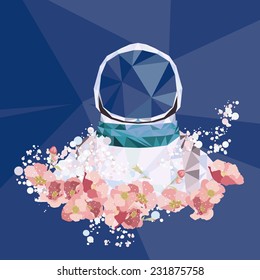Vector geometric triangle polygon illustration. Interstellar spaceman  with flowers.