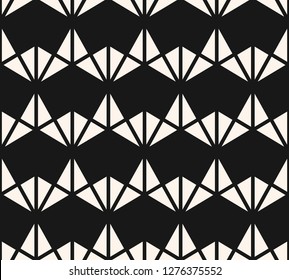 Vector geometric triangles texture. Black and white seamless pattern. Abstract ornament with triangular shapes, diamonds, grid, net. Simple modern repeat design. Stylish dark monochrome background