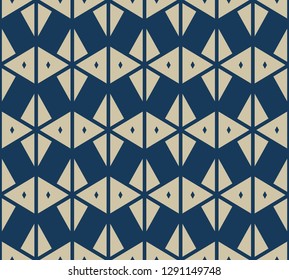 Vector geometric triangles texture. Stylish gold and dark blue minimal seamless pattern. Abstract ornament with triangular shapes, rhombuses, grid. Simple modern background. Luxury repeated design 