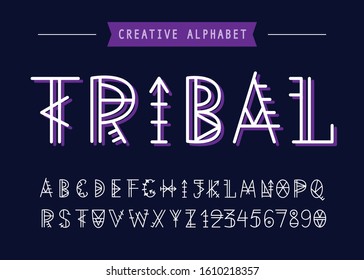 Vector Geometric Tribal font. English Ethnic Alphabet. Aztec Linear Script. Decorative ABC Letters Set. Typeface Design, Good for Tatoo, Logo, Poster, Title.