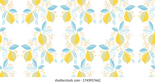 Vector geometric tropical modern citrus lemon repeating pattern. Hand drawn bright textured citrus fruit pattern with leaf and bud on white background. Classy simple summer backdrop.