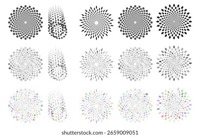 Forma de estilo variável geométrica de vetor em textura de padrão de meio-tom no plano de fundo branco. Padrões de forma de meio-tom de estilo colorido. Trendy backdrop meio-tom arte ponto e desenhos.