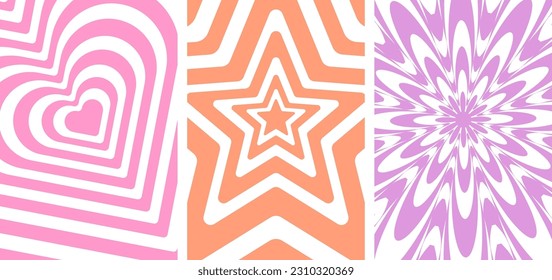 Vector geometric vintage background. Waves, swirl, twirl pattern with heart, flower, star.