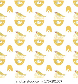 Vector geometric vintage kitchen floral pattern, cute birds and bowl, trendy design on white background. Retro vintage. Seamless vector pattern. For fabric, wallpaper, giftwrap or postcard design