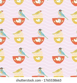 Vector geometric vintage kitchen utensil stripe pattern, cute birds and bowl, trendy design on pink background. Retro vintage. Seamless vector pattern. For fabric, wallpaper, giftwrap or postcard