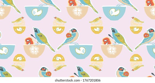 Vector geometric vintage kitchen utensil pattern, cute birds and bowl, trendy design on pink background. Retro vintage. Seamless vector pattern. For fabric, wallpaper, giftwrap or postcard design