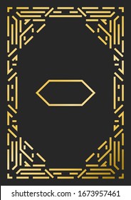 Vector of geometric vintage retro invitation card frame in Art Deco monogram style golden lined shape with copy space for text.