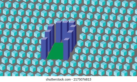 Vector geometric wallpaper. A simple representation of a big city. Skyscrapers in the middle and grassy areas between them. Small cube houses around the skyscrapers. Big city, city life, skyscraper.