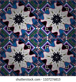 Vector geometric white, blue and black flat seamless pattern.