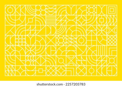 Vector geometric white line art design on yellow background. Futuristic or technology style abstract frame pattern. Creative design combination of simple shapes of triangle, square and circle.