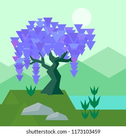 Vector geometric wisteria set purple blooming trees isolated on white wisteria tree in geometric style design concept spring summer landscape with blooming wisteria tree set trengle purple flowers