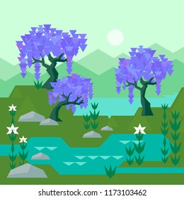Vector geometric wisteria set purple blooming trees isolated on white wisteria tree in geometric style design concept spring summer landscape with blooming wisteria tree set trengle purple flowers