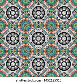 Vector geometric yellow, blue and gray flat seamless pattern.