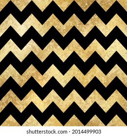 Vector Geometric Zigzag Striped Golden Seamless Pattern. Shiny gold foil patina repeat texture with black chevron. Abstract modern luxury metal print for digital paper, background, wallpaper.