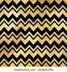 Vector Geometric Zigzag Striped Golden Seamless Pattern. Shiny gold foil patina repeat texture with black chevron. Abstract festive metal print for digital paper, background, wallpaper.