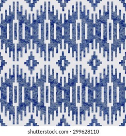 Vector geometrical abstract seamless pattern from decorative ethnic ornament elements with dark blue watercolor paint texture on a light grey background. 