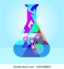 Vector geometrical chemical flask as symbol of science on pastel blue background, chemistry cover