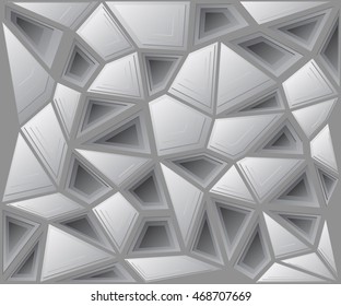 Vector geometrical composition for background of the triangles. Styling by metal mosaics. Monochrome abstract background of random polygons silver shades