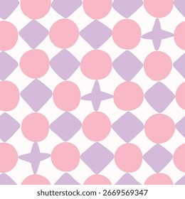 Vector geometrical disko ball seamles pattern. Festive pink and violet circles and 
rhombus on the white background. Funny party print design for fabric or wrapping paper.