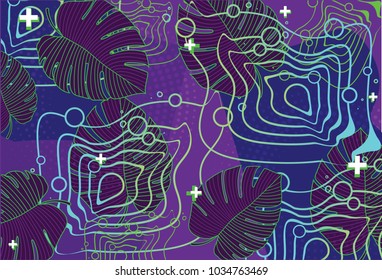 vector geometrical exotic floral background . Modern geometrical background with palm leaves and abstract shapes.