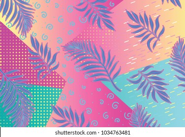 vector geometrical exotic floral background . Modern geometrical background with palm leaves and abstract shapes.