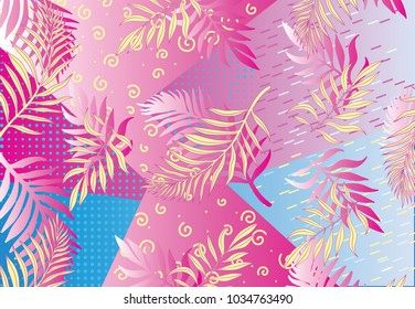 vector geometrical exotic floral background . Modern geometrical background with palm leaves and abstract shapes.
