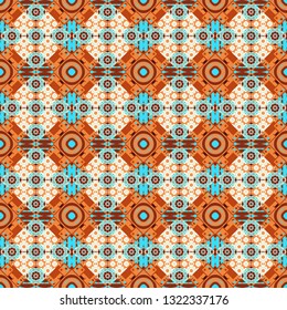 Vector geometrical seamless ornament. Vector background with tiles and rhombus. Seamless pattern in red, blue and orange colors.