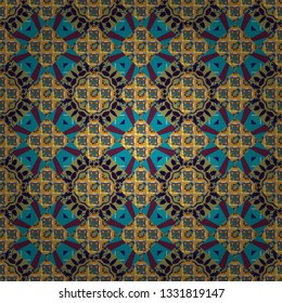 Vector geometrical seamless ornament. Vector background with tiles and rhombus. Seamless pattern in orange, gray and blue colors.