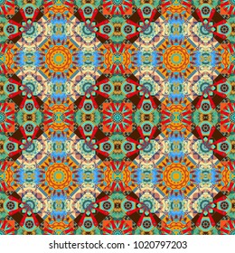 Vector geometrical seamless ornament. Seamless pattern in yellow, green and blue colors. Vector background with tiles and rhombus.