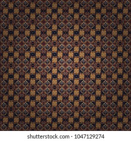 Vector geometrical seamless ornament. Seamless pattern in blue, black and orange colors. Vector background with tiles and rhombus.