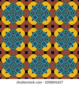 Vector geometrical seamless ornament. Seamless pattern in brown, yellow and blue colors. Vector background with tiles and rhombus.