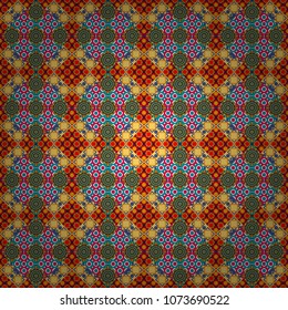 Vector geometrical seamless ornament. Seamless pattern in blue, red and yellow colors. Vector background with tiles and rhombus.