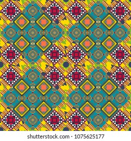 Vector geometrical seamless ornament. Seamless pattern in beige, blue and yellow colors. Vector background with tiles and rhombus.