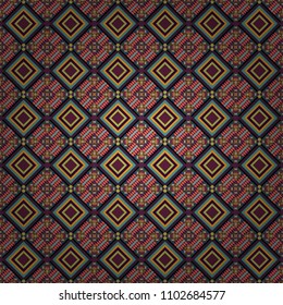 Vector geometrical seamless ornament. Seamless pattern in orange, gray and blue colors. Vector background with tiles and rhombus.