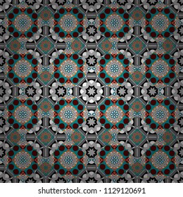 Vector geometrical seamless ornament. Seamless pattern in red, gray and blue colors. Vector background with tiles and rhombus.