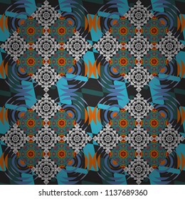 Vector geometrical seamless ornament. Seamless pattern in blue, green and gray colors. Vector background with tiles and rhombus.