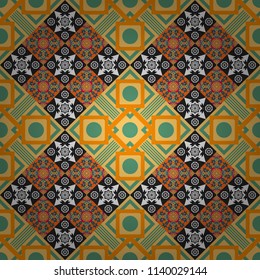 Vector geometrical seamless ornament. Seamless pattern in orange, green and yellow colors. Vector background with tiles and rhombus.