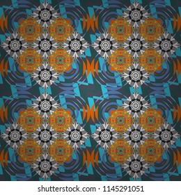 Vector geometrical seamless ornament. Seamless pattern in blue, orange and gray colors. Vector background with tiles and rhombus.