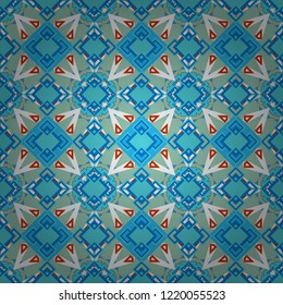 Vector geometrical seamless ornament. Seamless pattern in blue, white and orange colors. Vector background with tiles and rhombus.