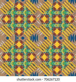 Vector geometrical seamless ornament. Seamless pattern in brown, yellow and beige colors. Vector background with tiles and rhombus.