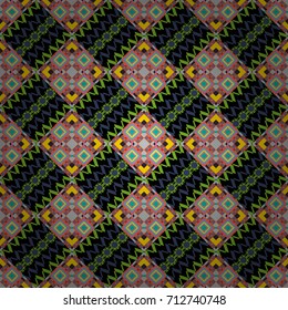 Vector geometrical seamless ornament. Seamless pattern in blue, green and black colors. Vector background with tiles and rhombus.