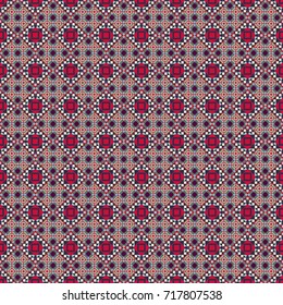 Vector geometrical seamless ornament. Seamless pattern in red, violet and blue colors. Vector background with tiles and rhombus.