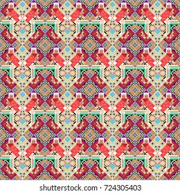 Vector geometrical seamless ornament. Seamless pattern in red, orange and white colors. Vector background with tiles and rhombus.
