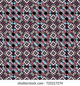 Vector geometrical seamless ornament. Seamless pattern in blue, black and white colors. Vector background with tiles and rhombus.