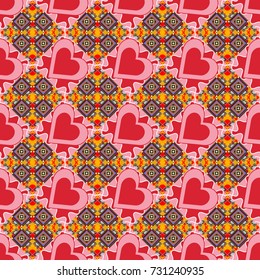 Vector geometrical seamless ornament. Seamless pattern in red, pink and yellow colors. Vector background with tiles and rhombus.
