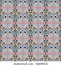 Vector geometrical seamless ornament. Seamless pattern in blue, white and black colors. Vector background with tiles and rhombus.