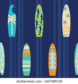 Vector geometrical seamless pattern with dark blue striped background and colorful surfboards. Perfect for surf beach theme party background, fabric, scrapbooking, wallpaper, giftware and projects.