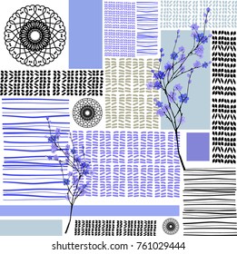 Vector geometrical seamless pattern with floral element. Abstract blue background with flowers